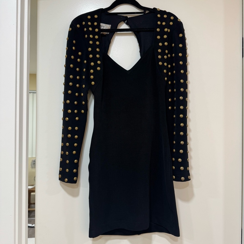 Vintage Tadashi Shoji Long Sleeve Mini Black Dress Gold Studded Size Small 1980s